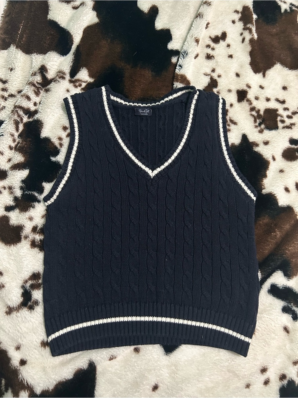 Navy Cable Knit V-Neck Sweater Vest with White Trim